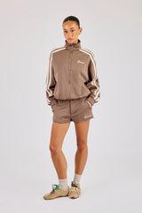 Funnel Neck Taping Zip Through Track Jacket & Micro Short - Taupe