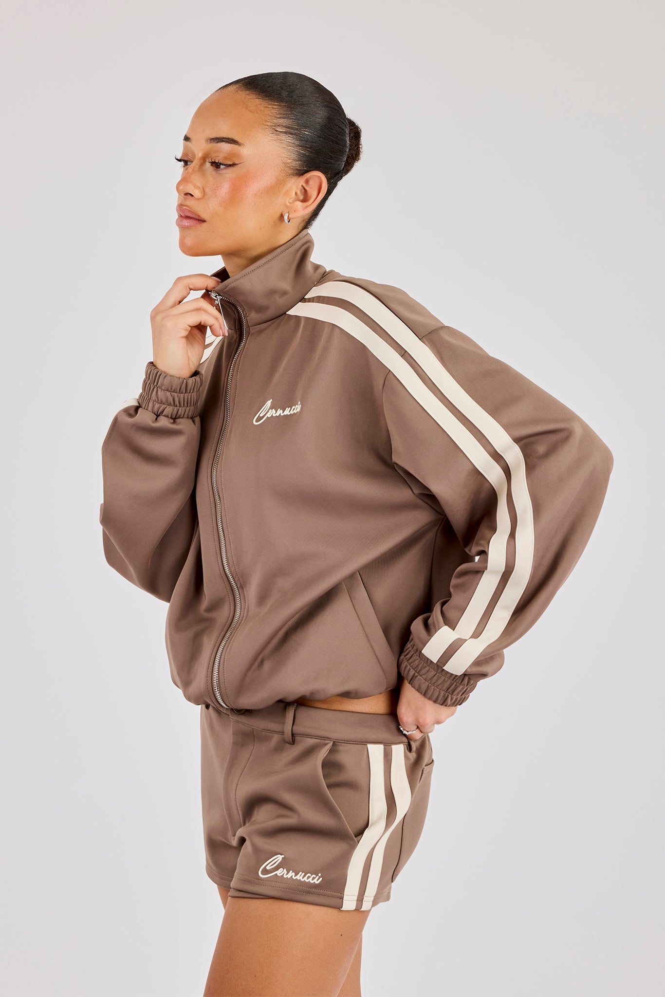 Funnel Neck Taping Zip Through Track Jacket & Micro Short - Taupe