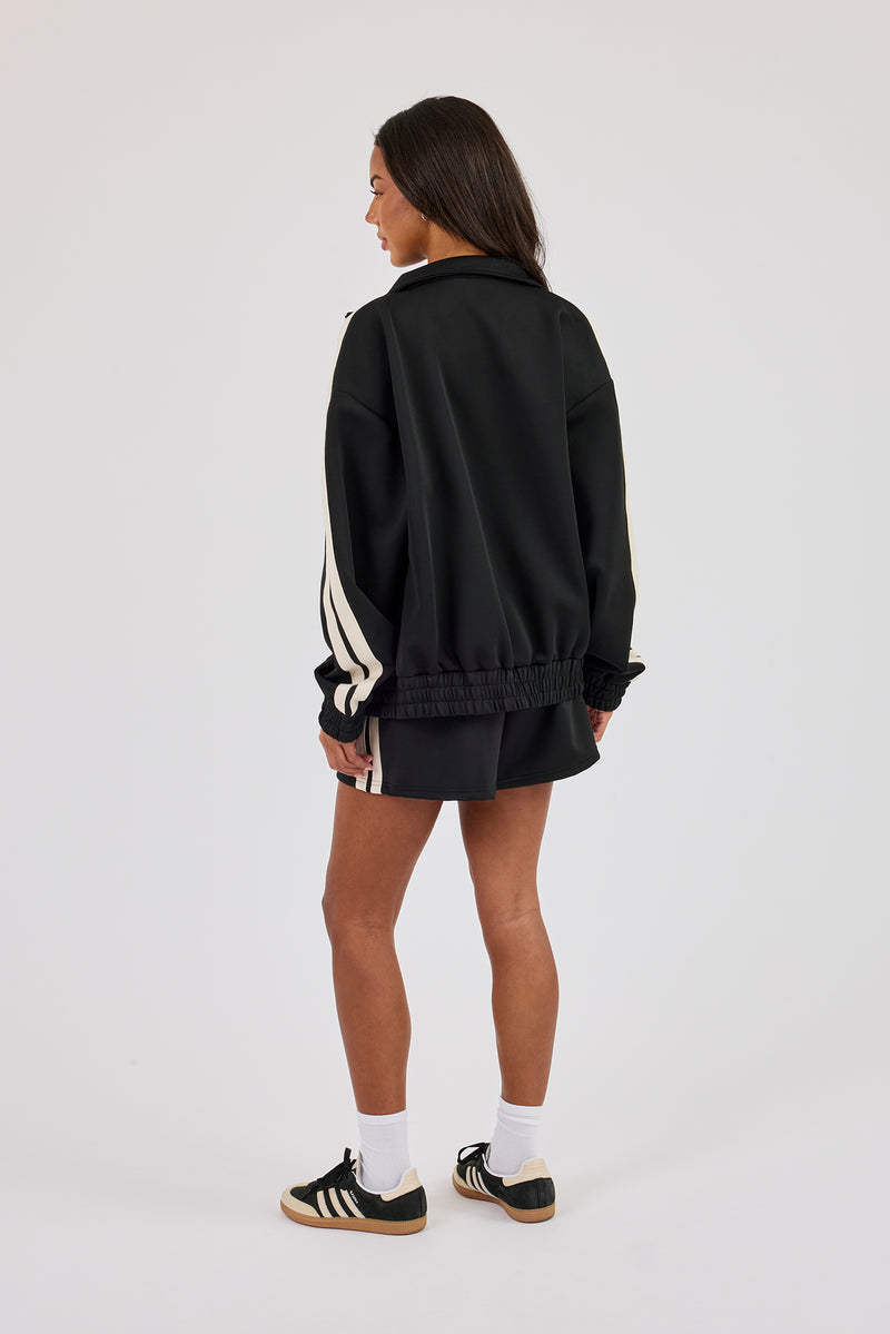 Funnel Neck Taping Zip Through Track Jacket & Short- Black | Womens ...