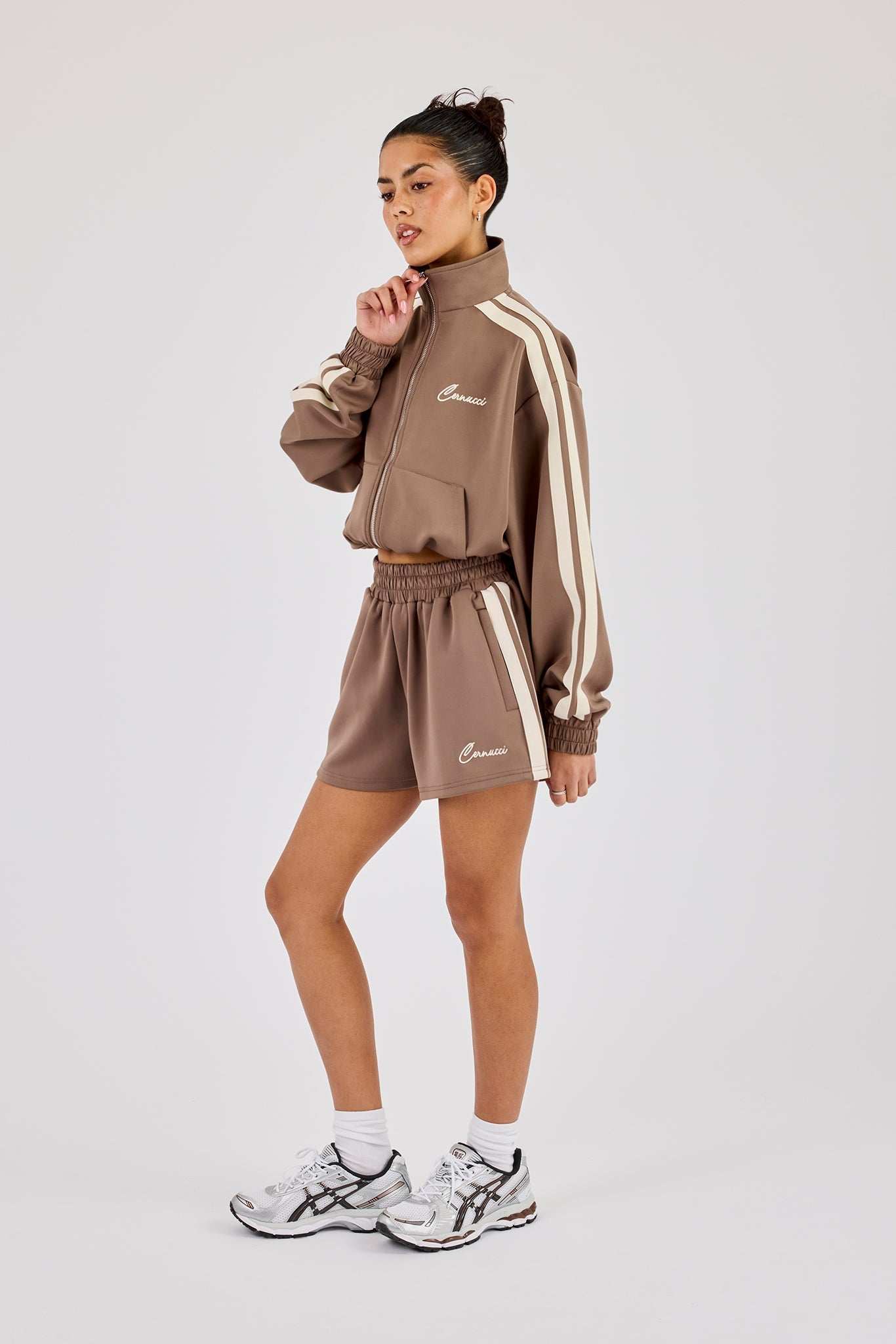 Taping Cropped Funnel Neck Track Jacket & Taping Short - Taupe