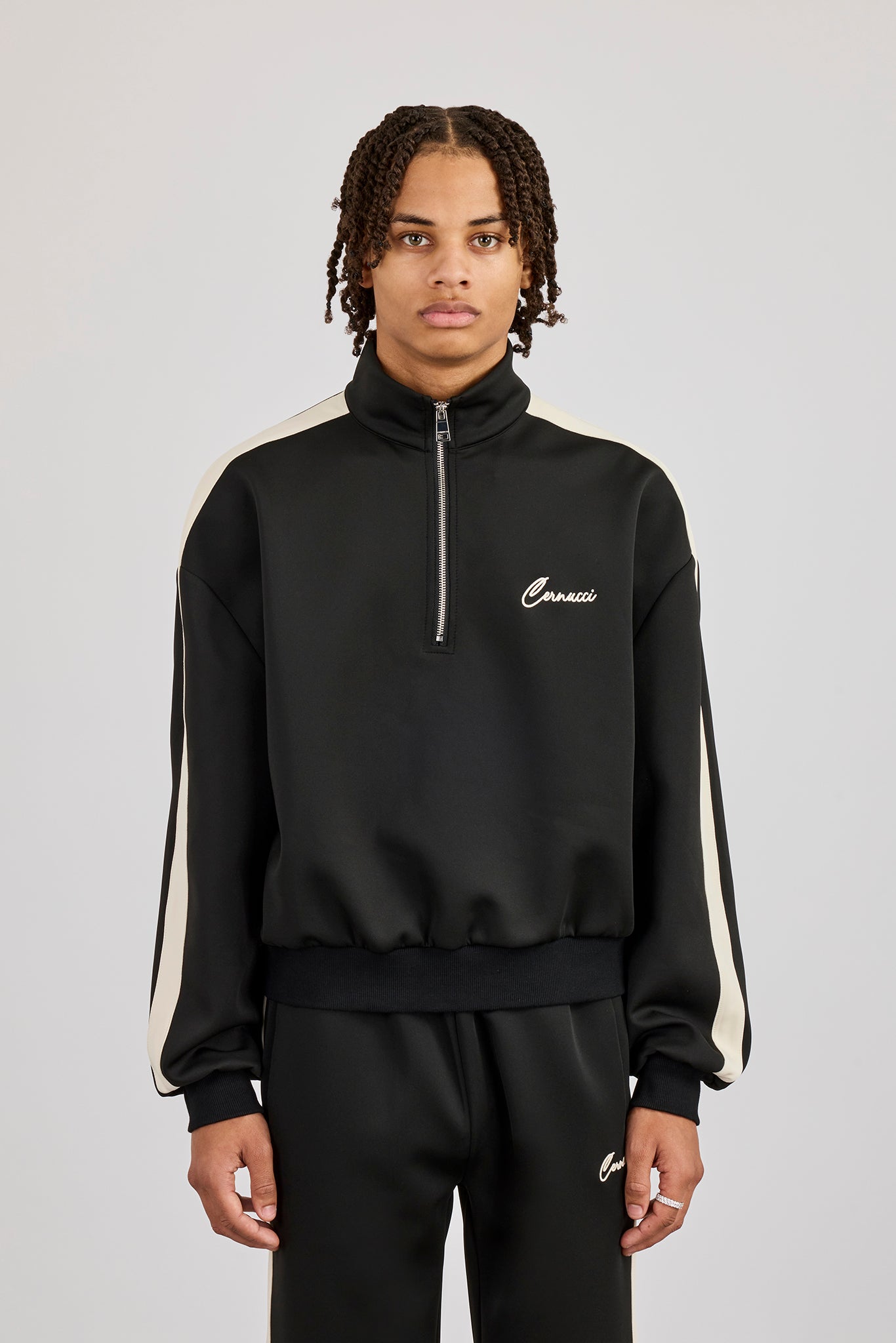 Half Zip Funnel Neck With Side Panel - Black
