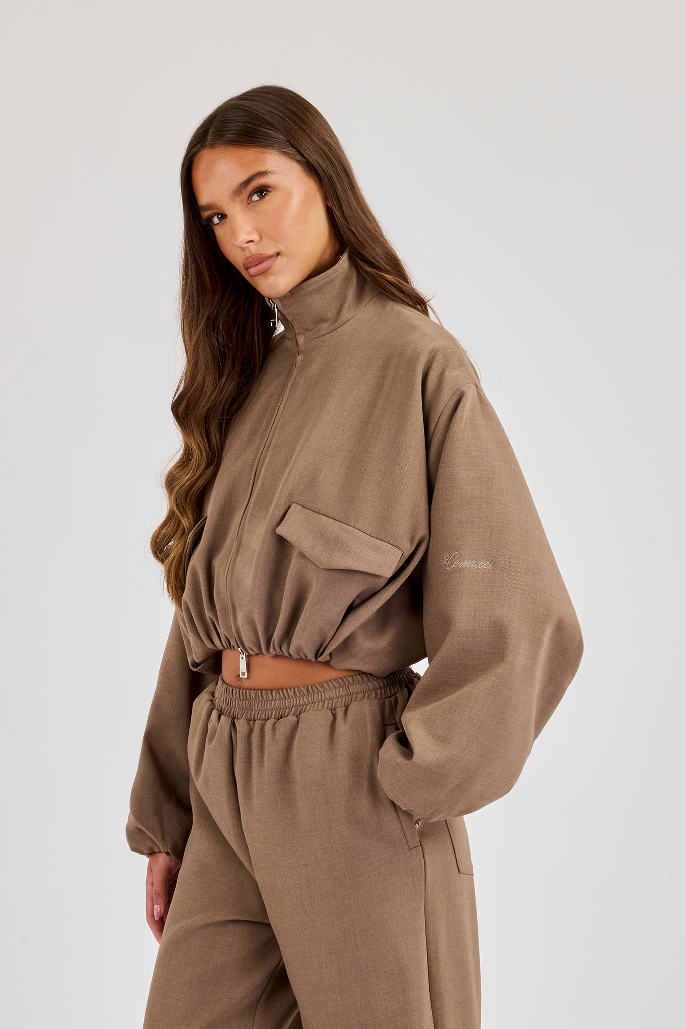 Twill Elasticated Hem Funnel Neck Jacket - Taupe