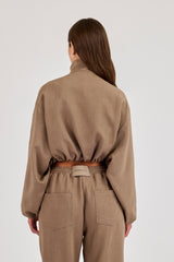 Twill Elasticated Hem Funnel Neck Jacket - Taupe