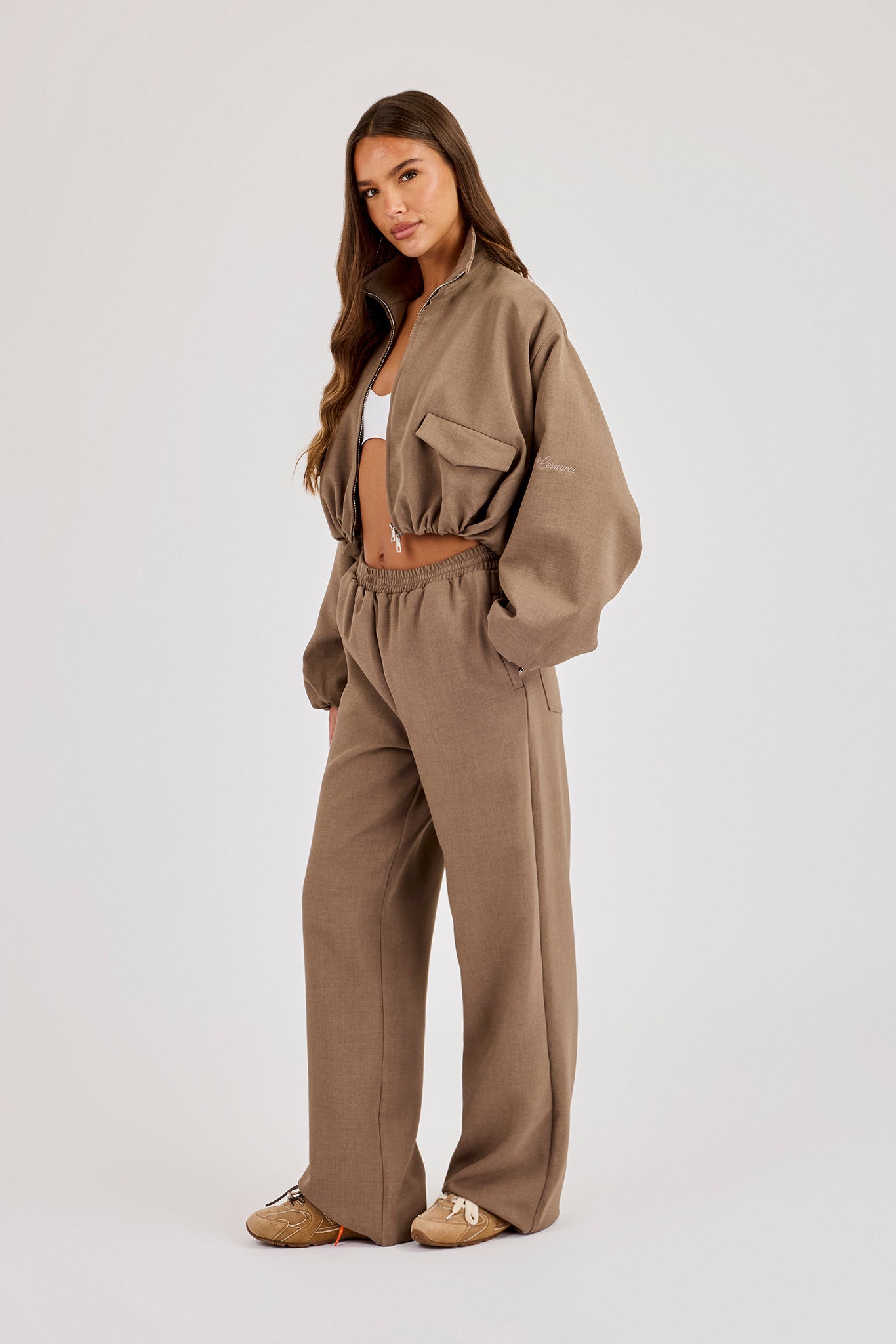 Twill Elasticated Hem Funnel Neck Jacket & Trouser - Taupe