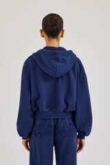 Washed Applique Logo Boxy Zip Through Hoodie - Navy