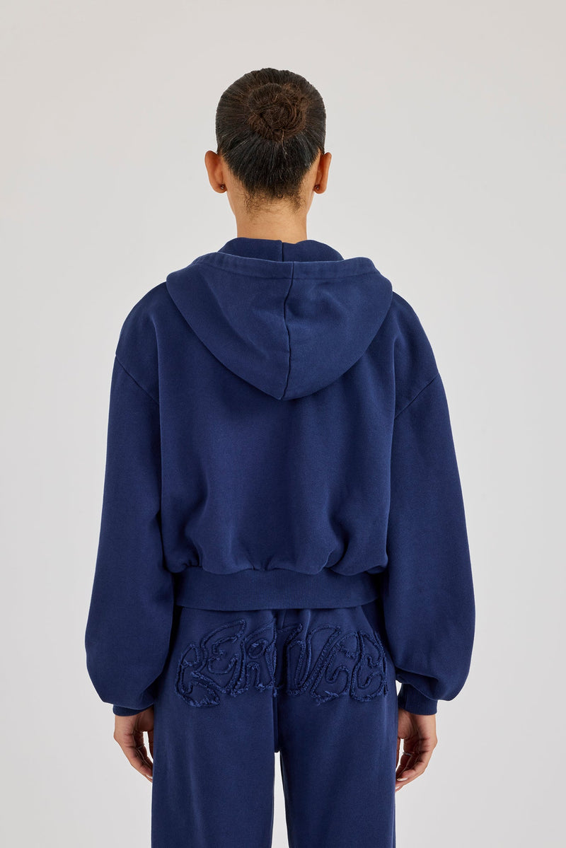Washed Applique Logo Boxy Zip Through Hoodie - Navy
