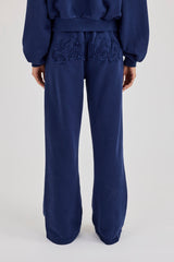 Washed Applique Logo Wide Leg Jogger - Navy