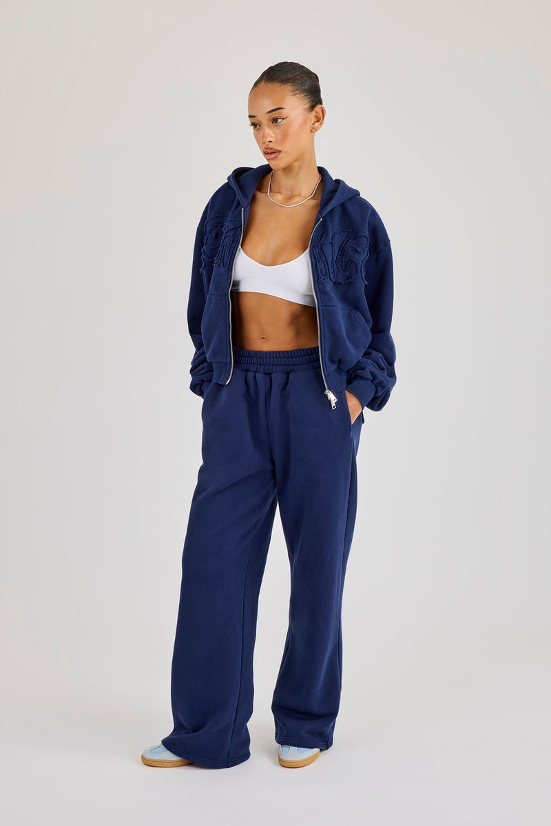 Washed Applique Logo Boxy Zip Through Hoodie & Wide Leg Jogger - Navy