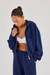 Washed Applique Logo Boxy Zip Through Hoodie - Navy