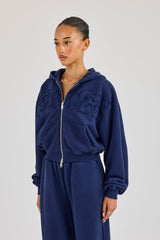 Washed Applique Logo Boxy Zip Through Hoodie - Navy