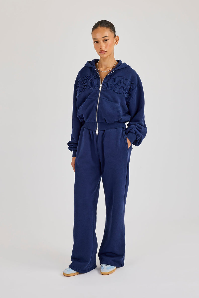 Washed Applique Logo Boxy Zip Through Hoodie & Wide Leg Jogger - Navy