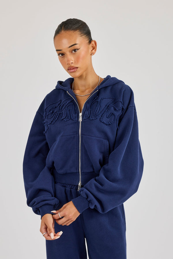 Washed Applique Logo Boxy Zip Through Hoodie - Navy