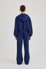Washed Applique Logo Boxy Zip Through Hoodie & Wide Leg Jogger - Navy