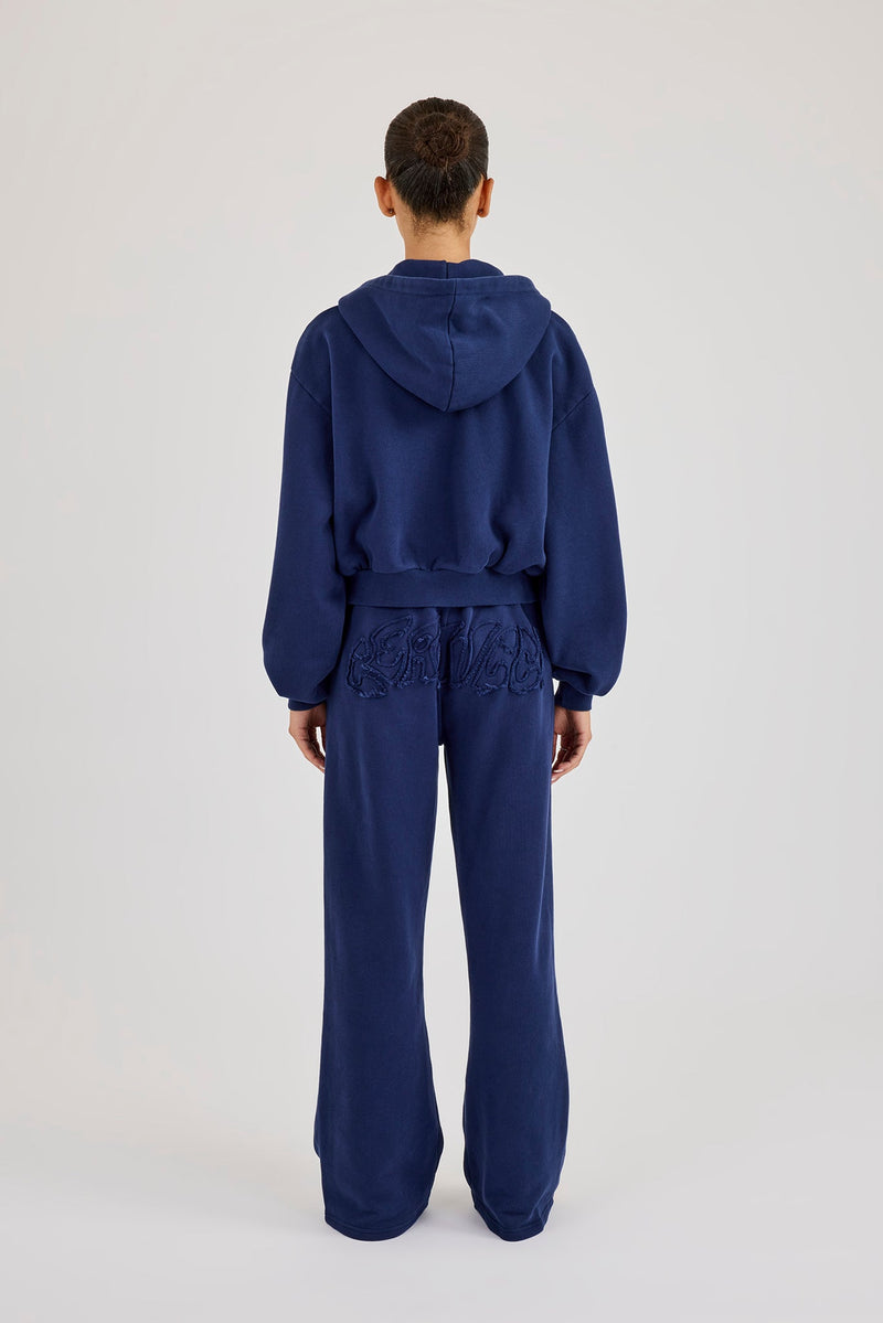 Washed Applique Logo Boxy Zip Through Hoodie & Wide Leg Jogger - Navy