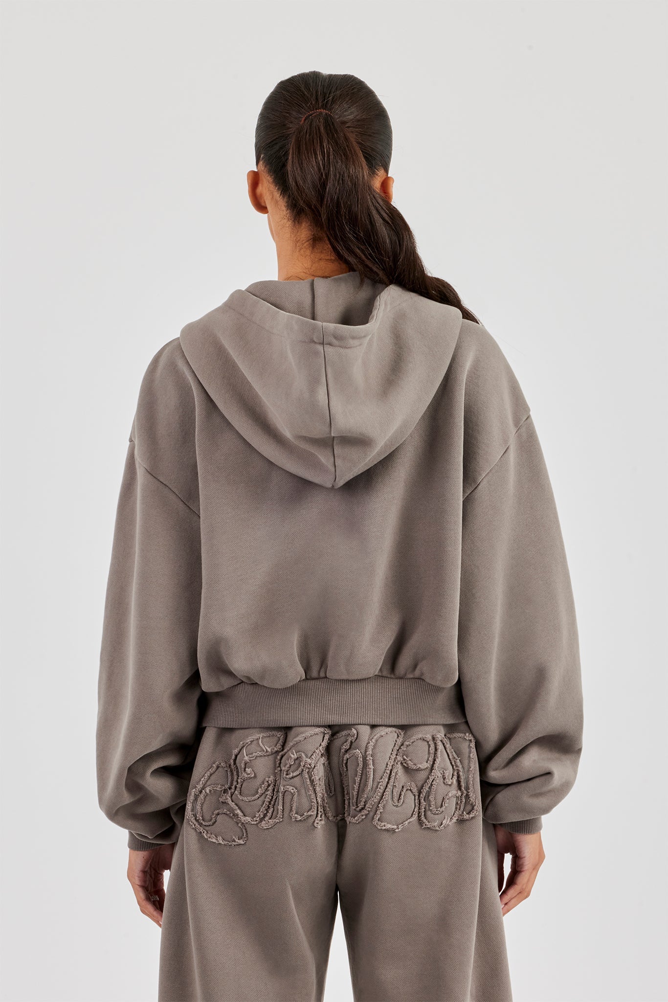 Washed Applique Logo Boxy Zip Through Hoodie - Grey