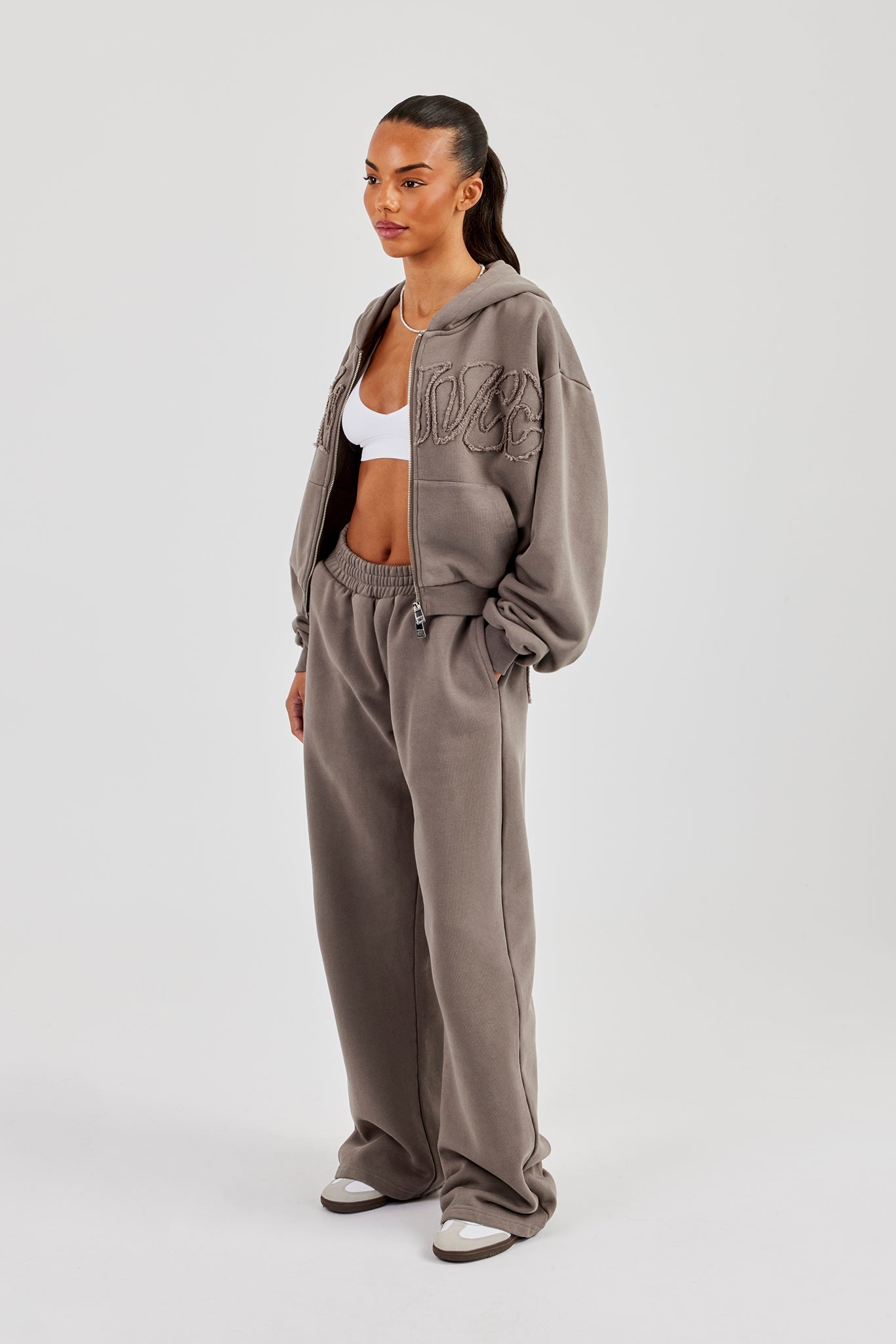 Washed Applique Logo Boxy Zip Through Hoodie & Wide Leg Jogger - Grey