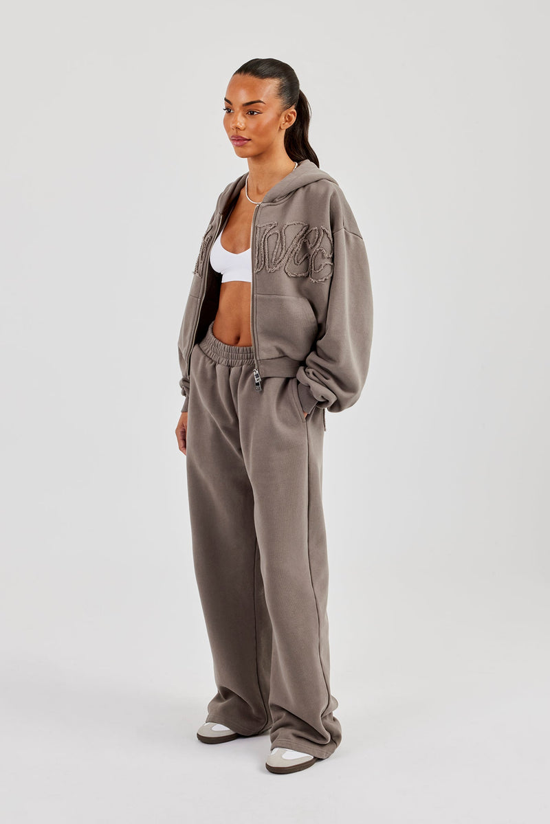 Washed Applique Logo Boxy Zip Through Hoodie & Wide Leg Jogger - Grey