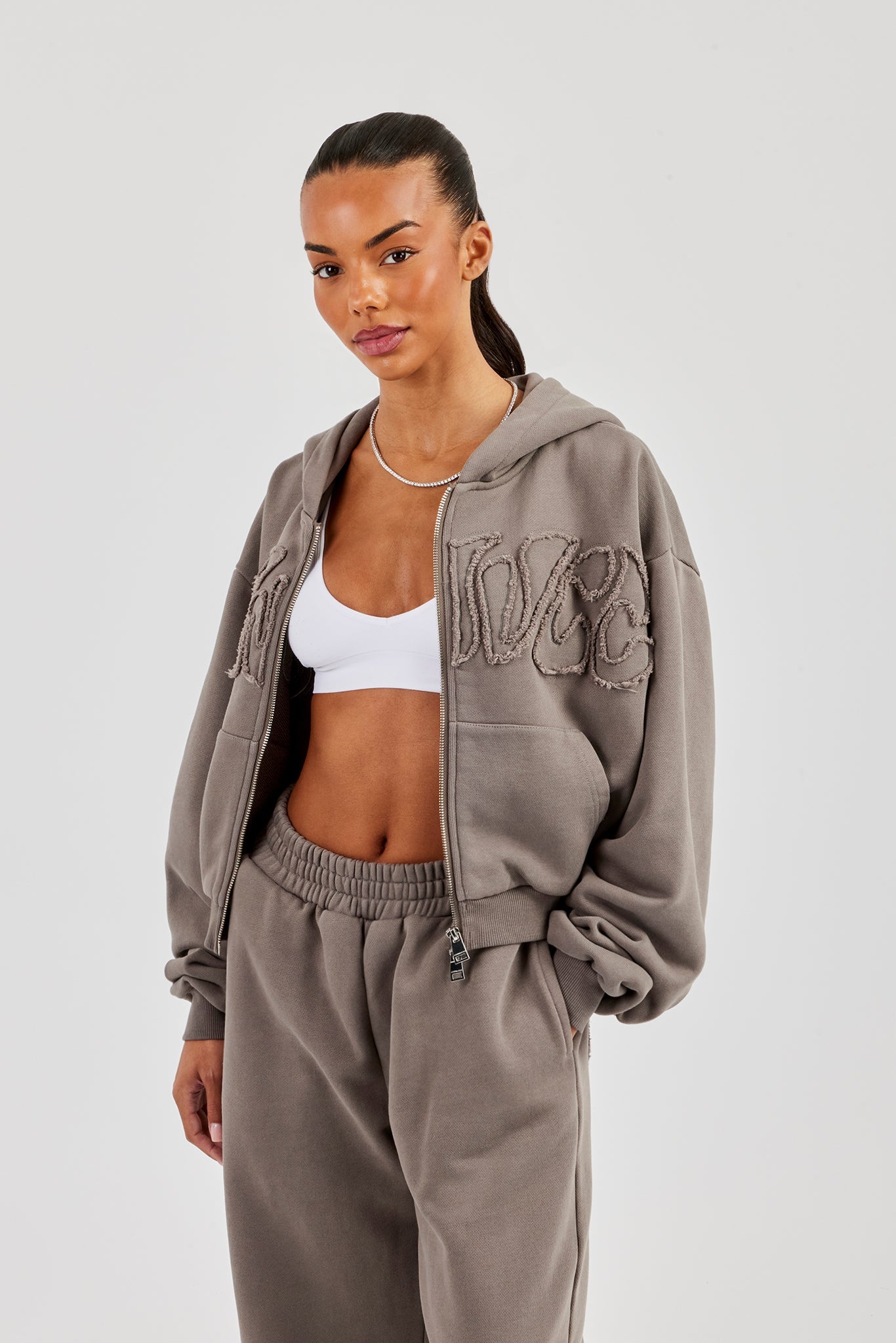 Washed Applique Logo Boxy Zip Through Hoodie - Grey
