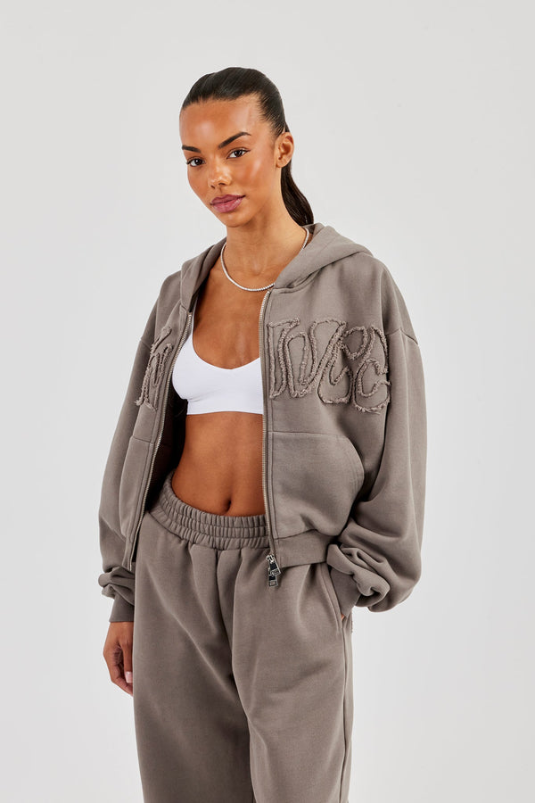 Washed Applique Logo Boxy Zip Through Hoodie - Grey