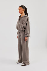 Washed Applique Logo Boxy Zip Through Hoodie & Wide Leg Jogger - Grey