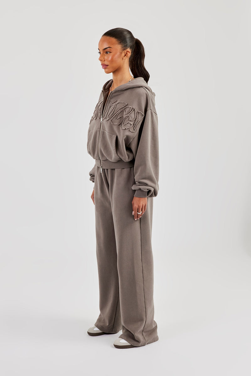 Washed Applique Logo Boxy Zip Through Hoodie & Wide Leg Jogger - Grey