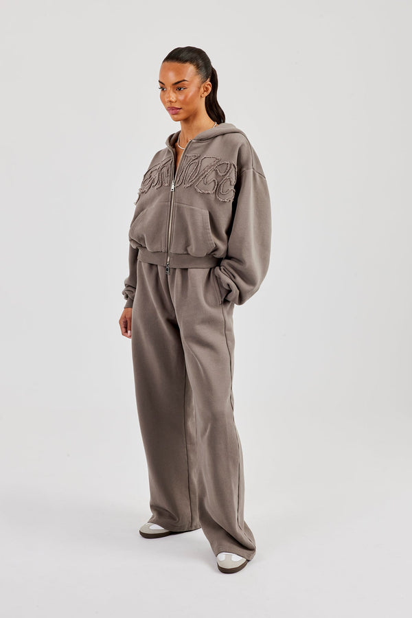 Washed Applique Logo Boxy Zip Through Hoodie & Wide Leg Jogger - Grey