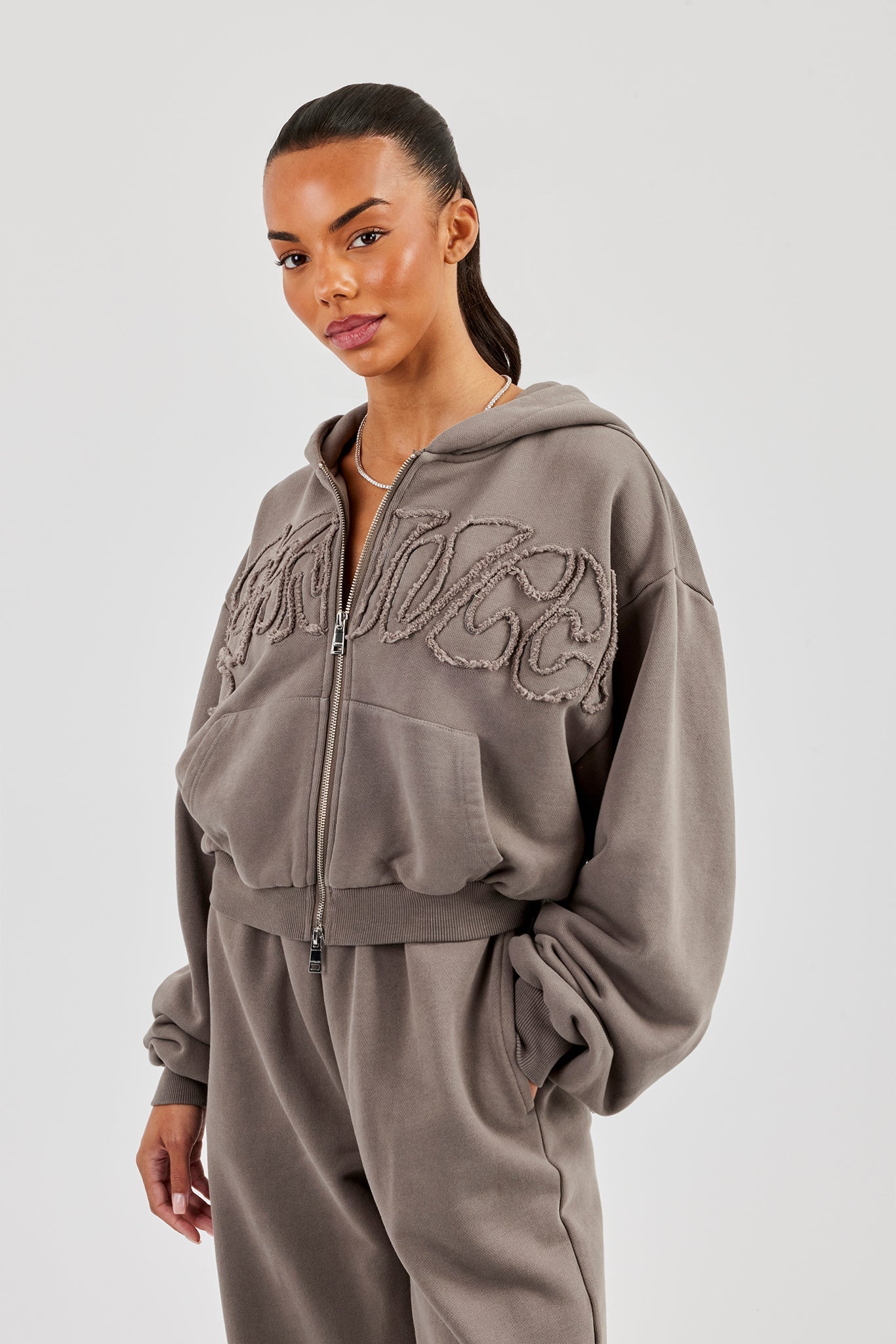 Washed Applique Logo Boxy Zip Through Hoodie - Grey