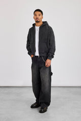 Washed Applique Boxy Zip Through Hoodie - Acid Wash