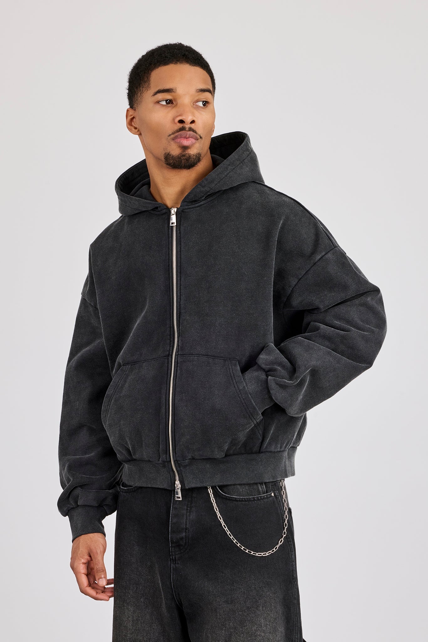 Washed Applique Boxy Zip Through Hoodie - Acid Wash | Mens Hoodies