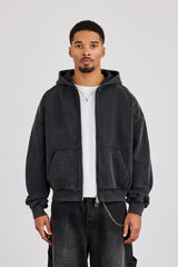 Washed Applique Boxy Zip Through Hoodie - Acid Wash
