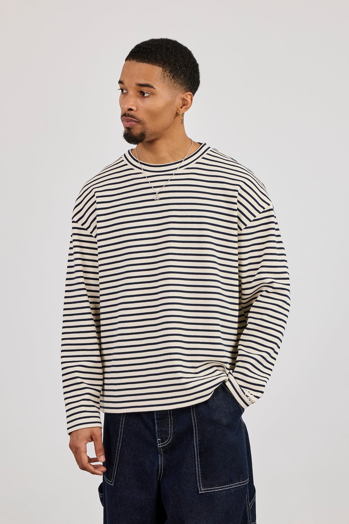 Long Sleeve Waffle Stripe T-Shirt - Navy