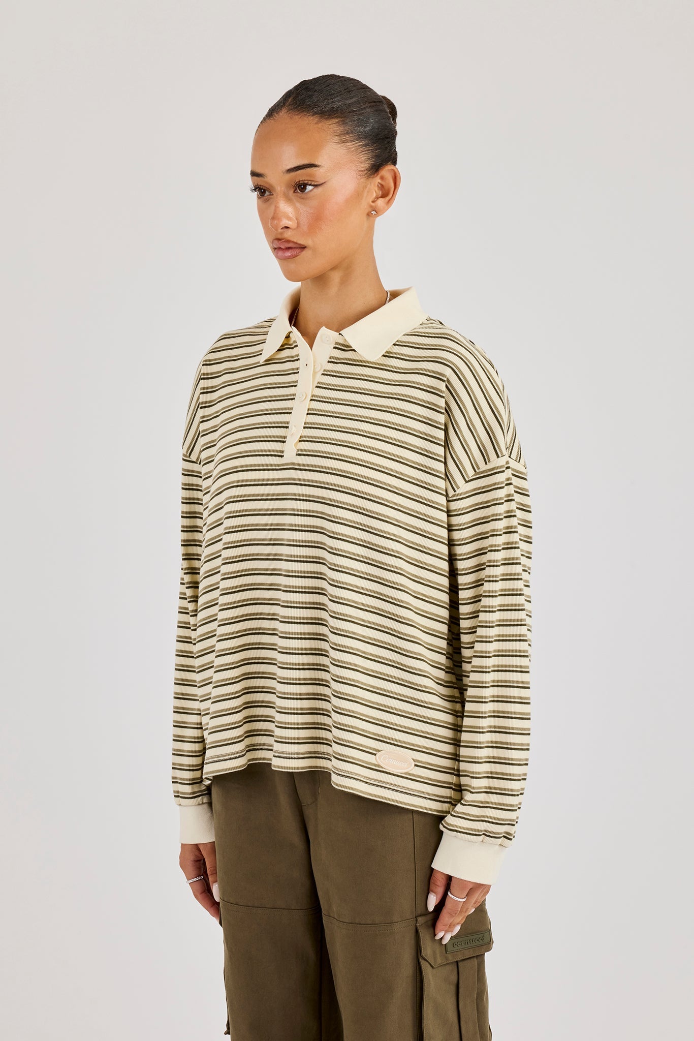Oversized Textured Stripe Polo Top - Khaki