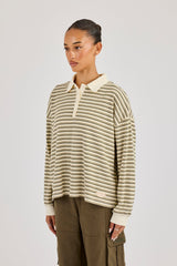 Oversized Textured Stripe Polo Top - Khaki