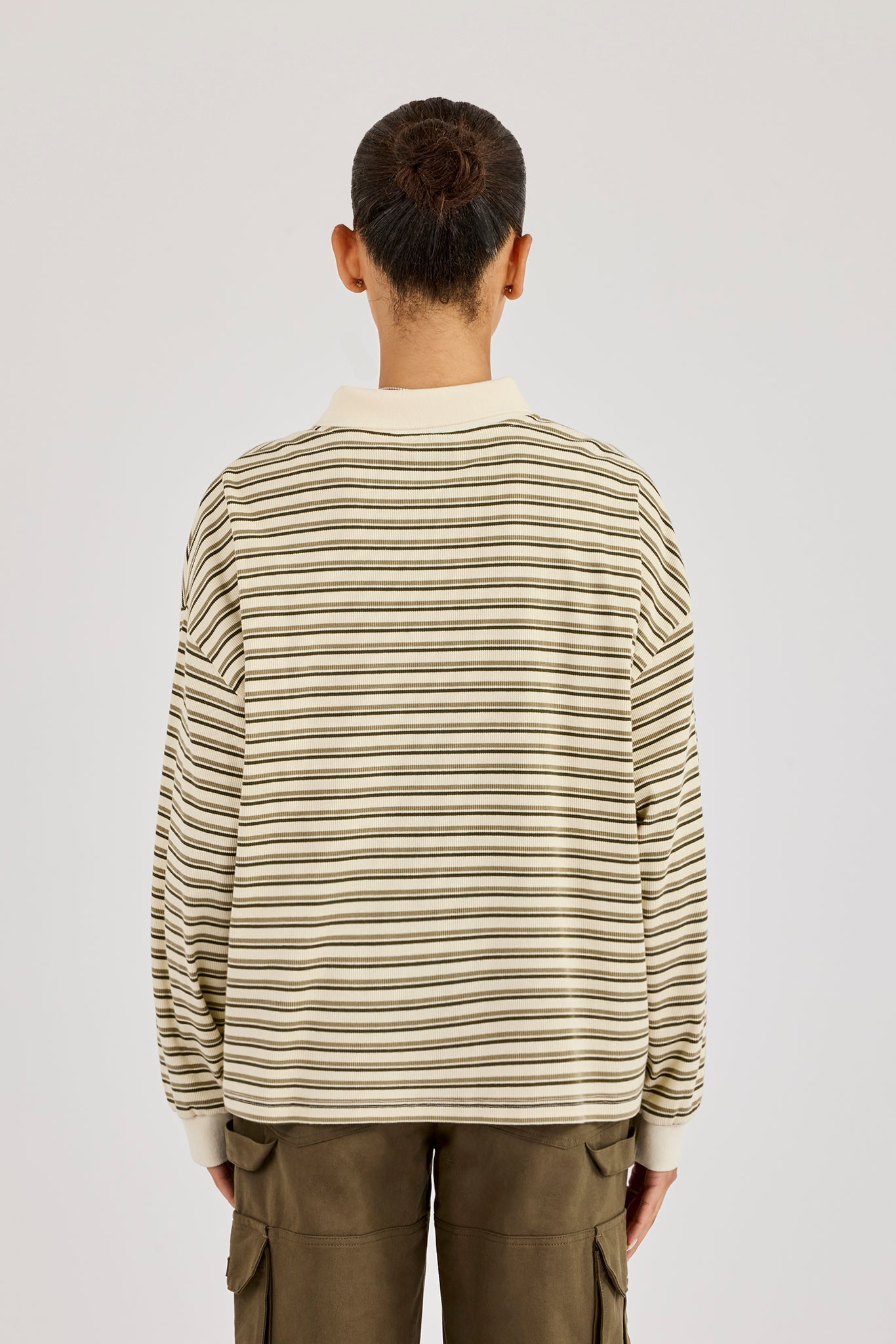 Oversized Textured Stripe Polo Top - Khaki