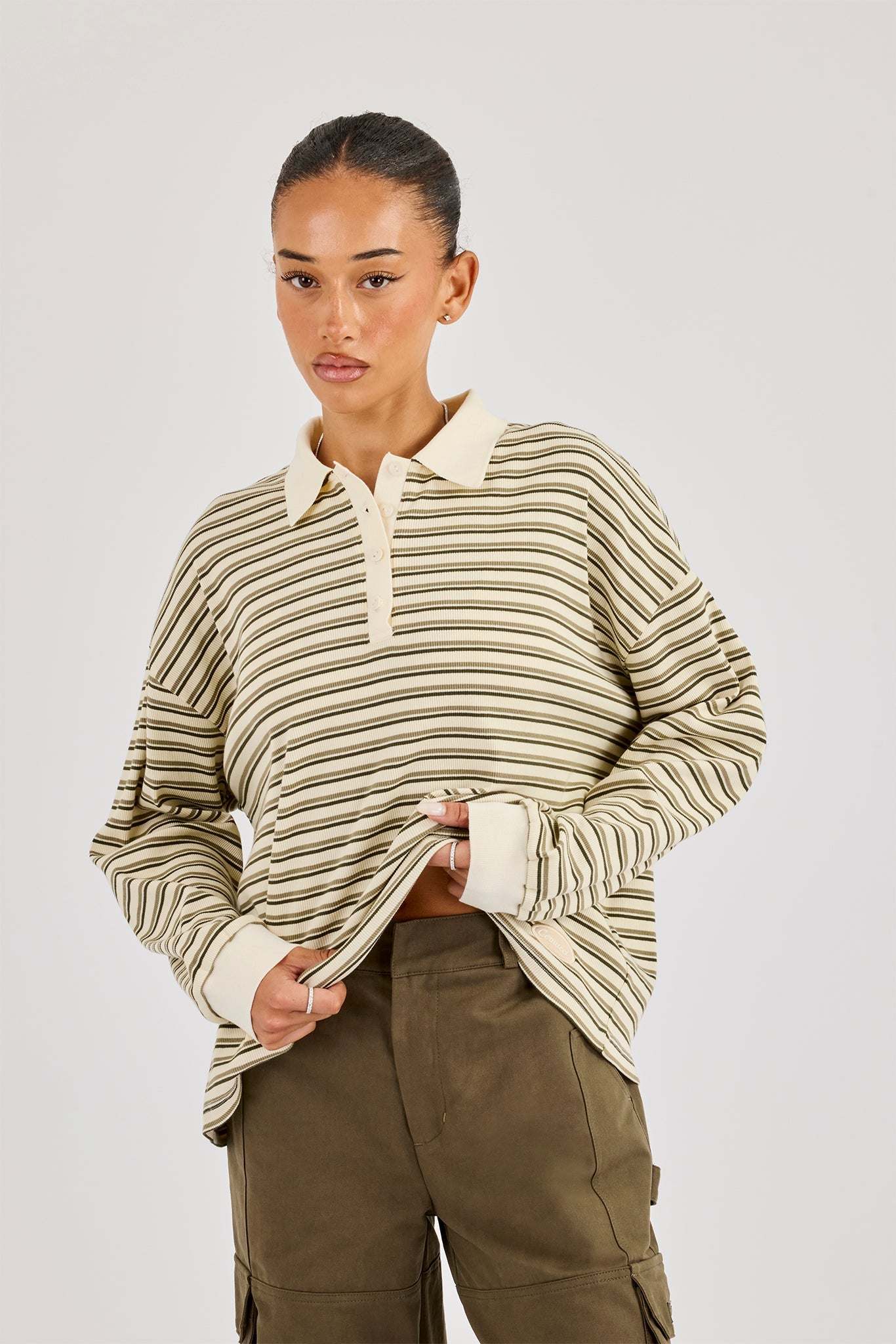 Oversized Textured Stripe Polo Top - Khaki