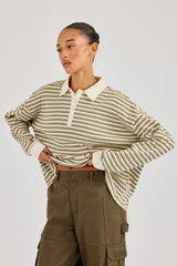 Oversized Textured Stripe Polo Top - Khaki