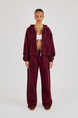 Washed Boxy Fit Zip Through Hoodie & Wide Leg Jogger - Burgundy