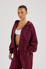 Washed Boxy Fit Zip Through Hoodie - Burgundy