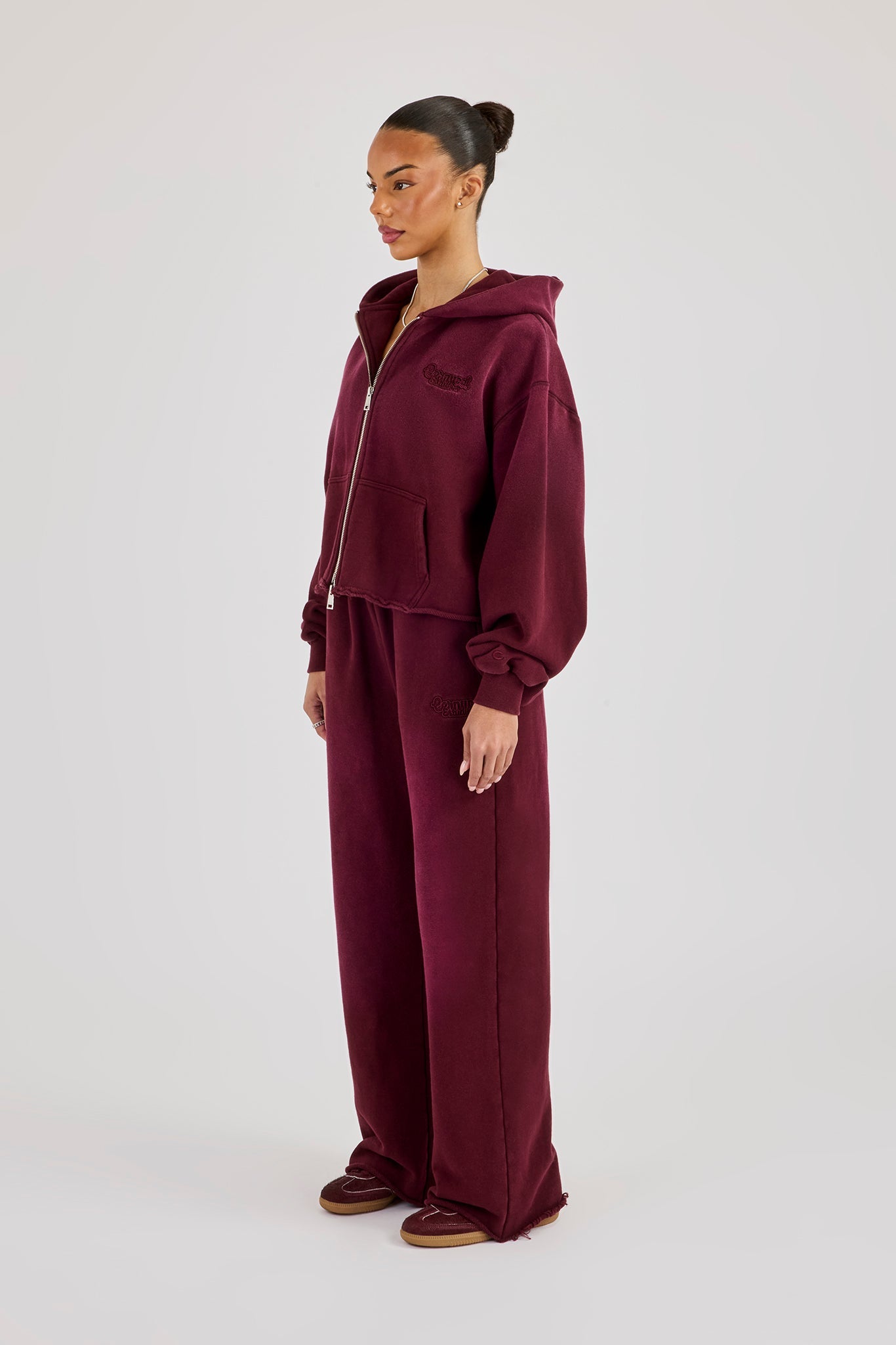 Washed Boxy Fit Zip Through Hoodie & Wide Leg Jogger - Burgundy