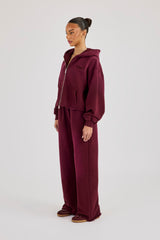 Washed Boxy Fit Zip Through Hoodie & Wide Leg Jogger - Burgundy
