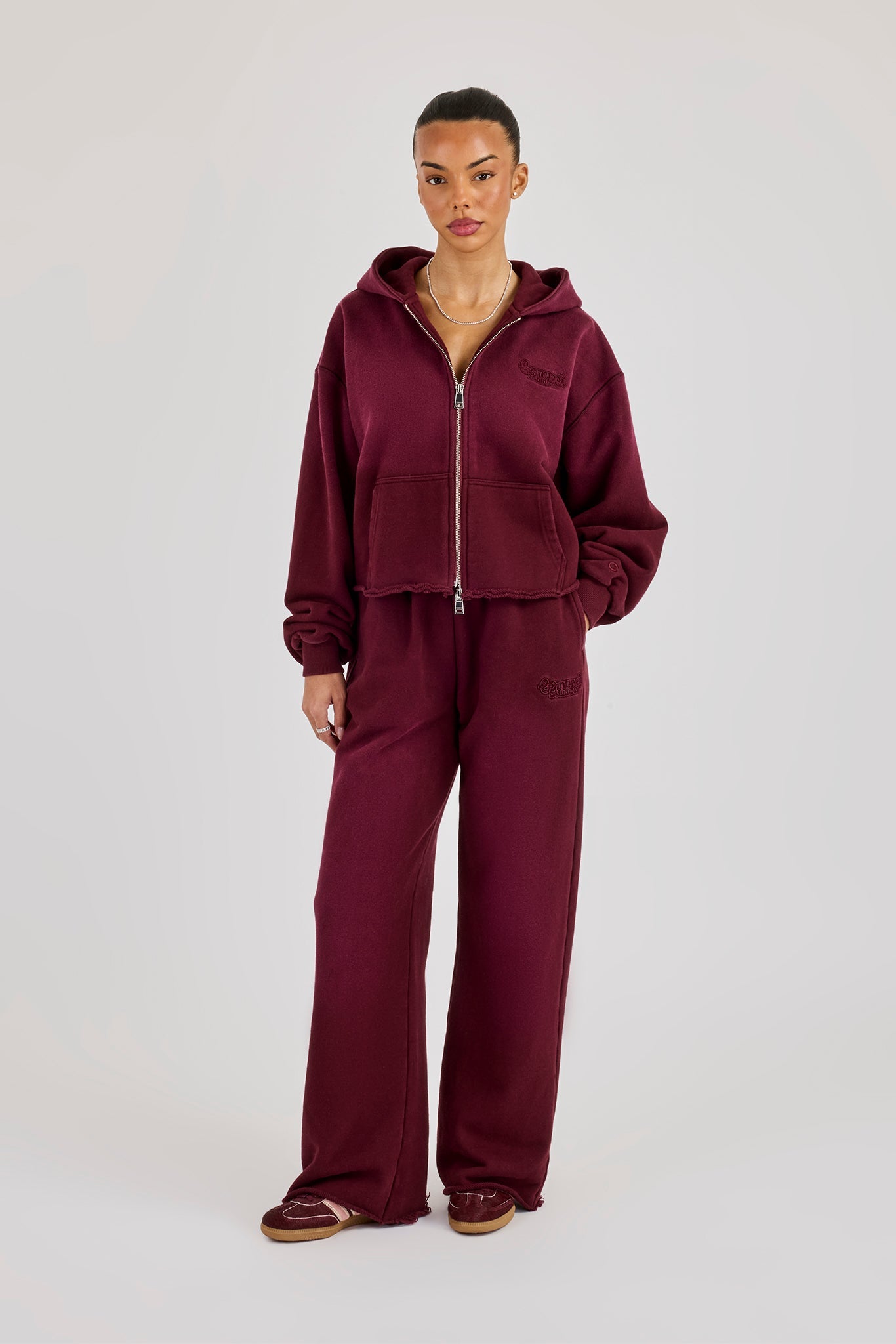 Washed Boxy Fit Zip Through Hoodie & Wide Leg Jogger - Burgundy