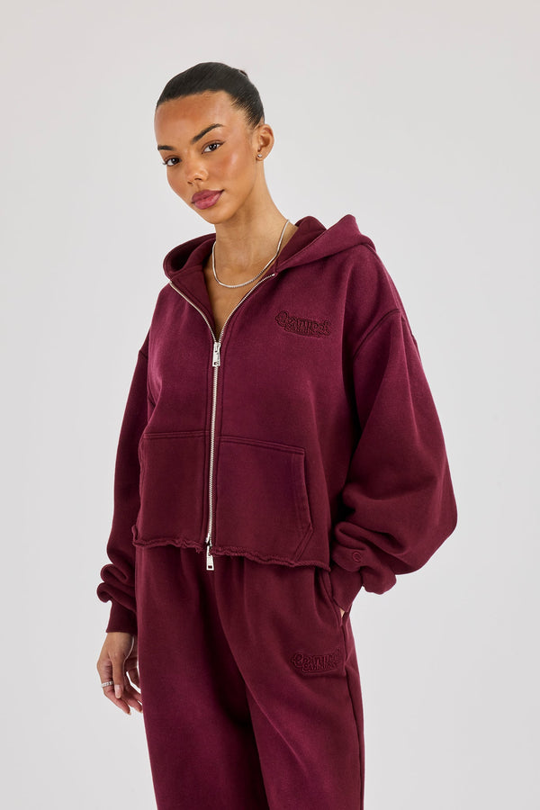 Washed Boxy Fit Zip Through Hoodie - Burgundy