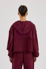 Washed Boxy Fit Zip Through Hoodie - Burgundy