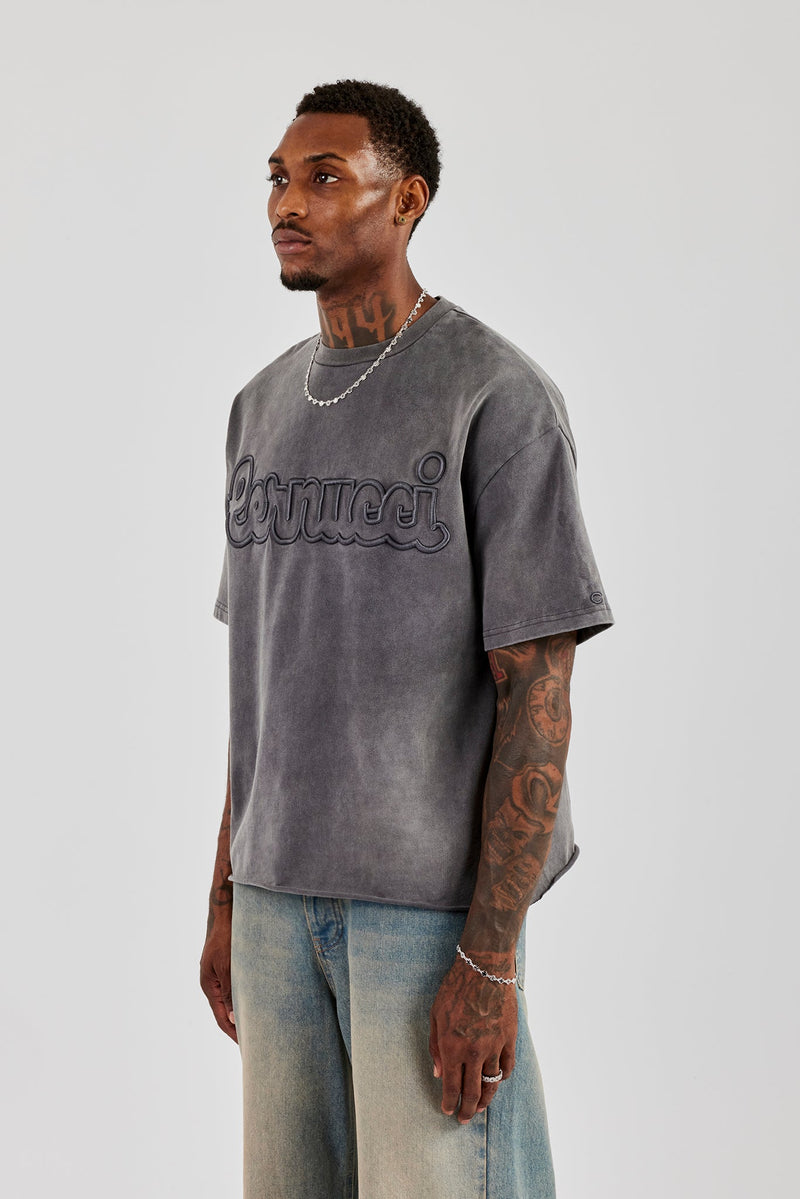 Boxy Washed Embroidered T-Shirt - Grey