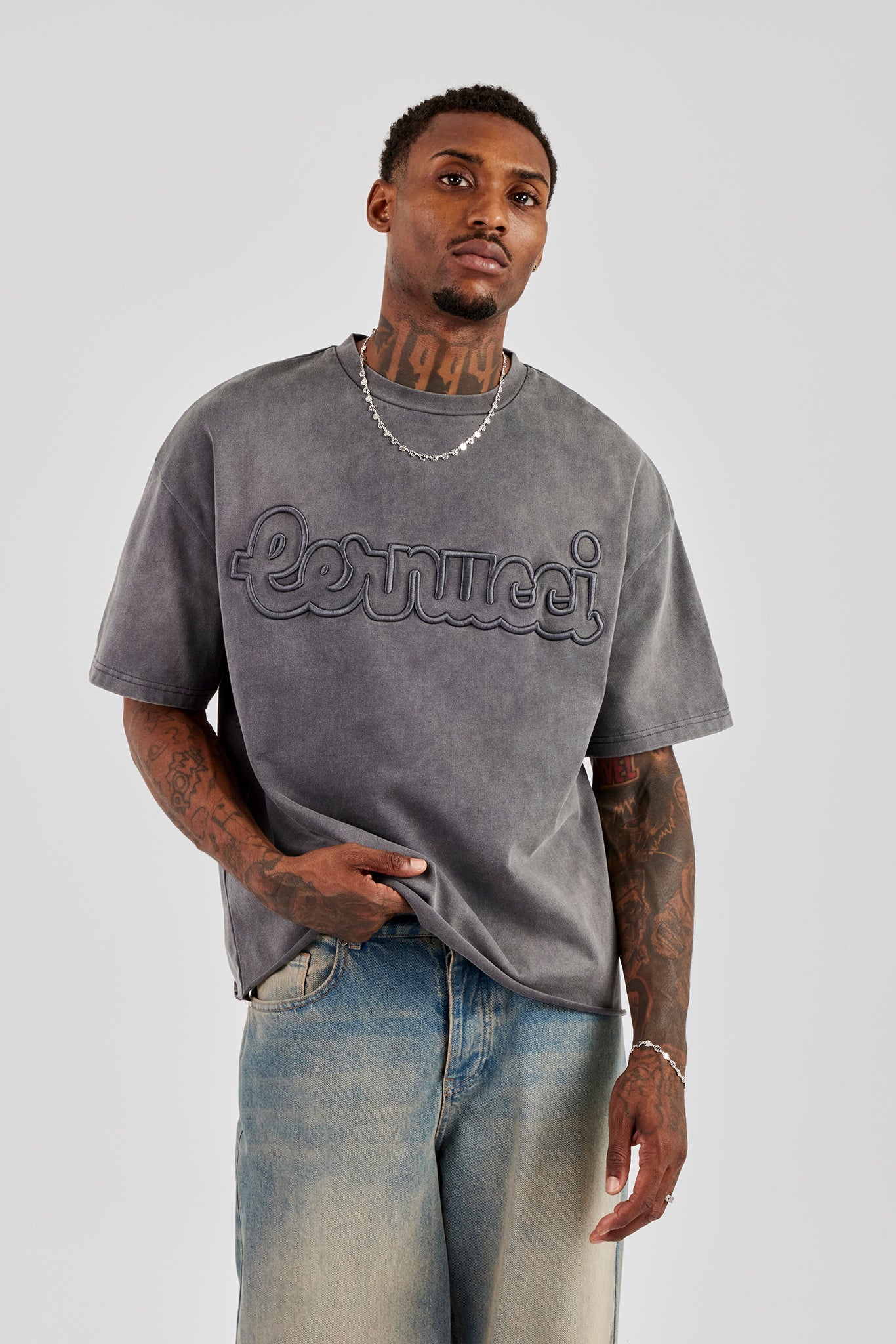 Boxy Washed Embroidered T-Shirt - Grey