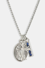 Multi Cross, Medal & Blue CZ Necklace - 15mm - White