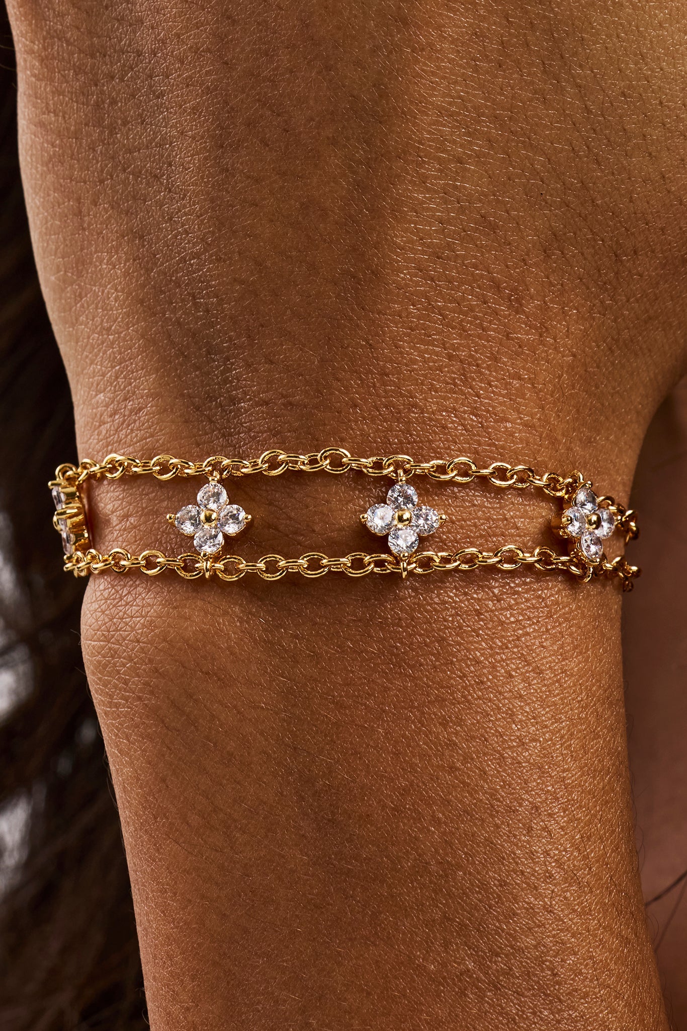 Double Layer Floral Motif Rolo Bracelet - 3mm - Gold