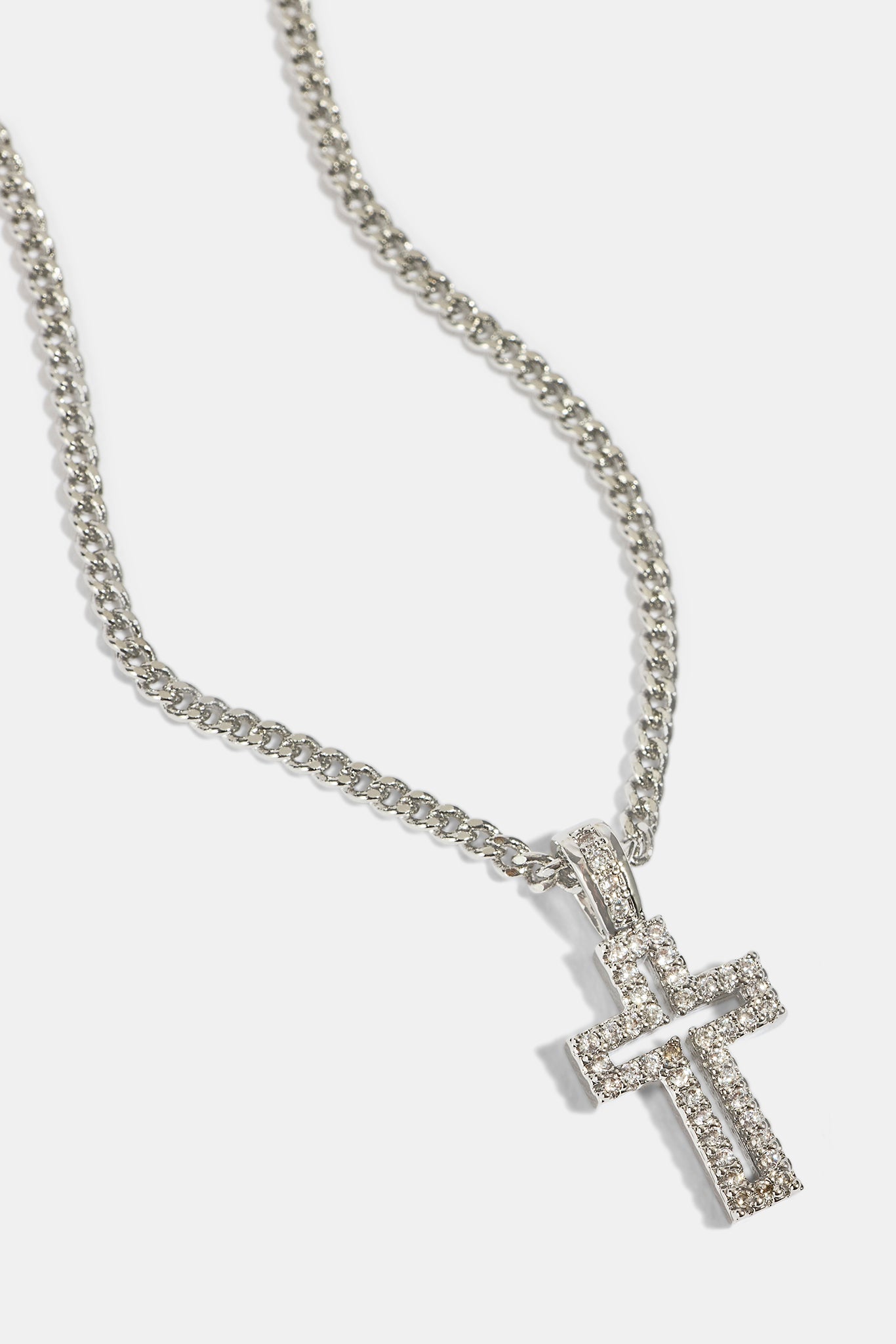 Micro Iced Outline Cross Necklace - 15mm - White