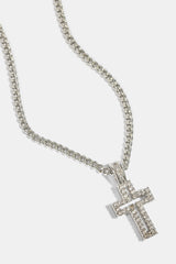 Micro Iced Outline Cross Necklace - 15mm - White