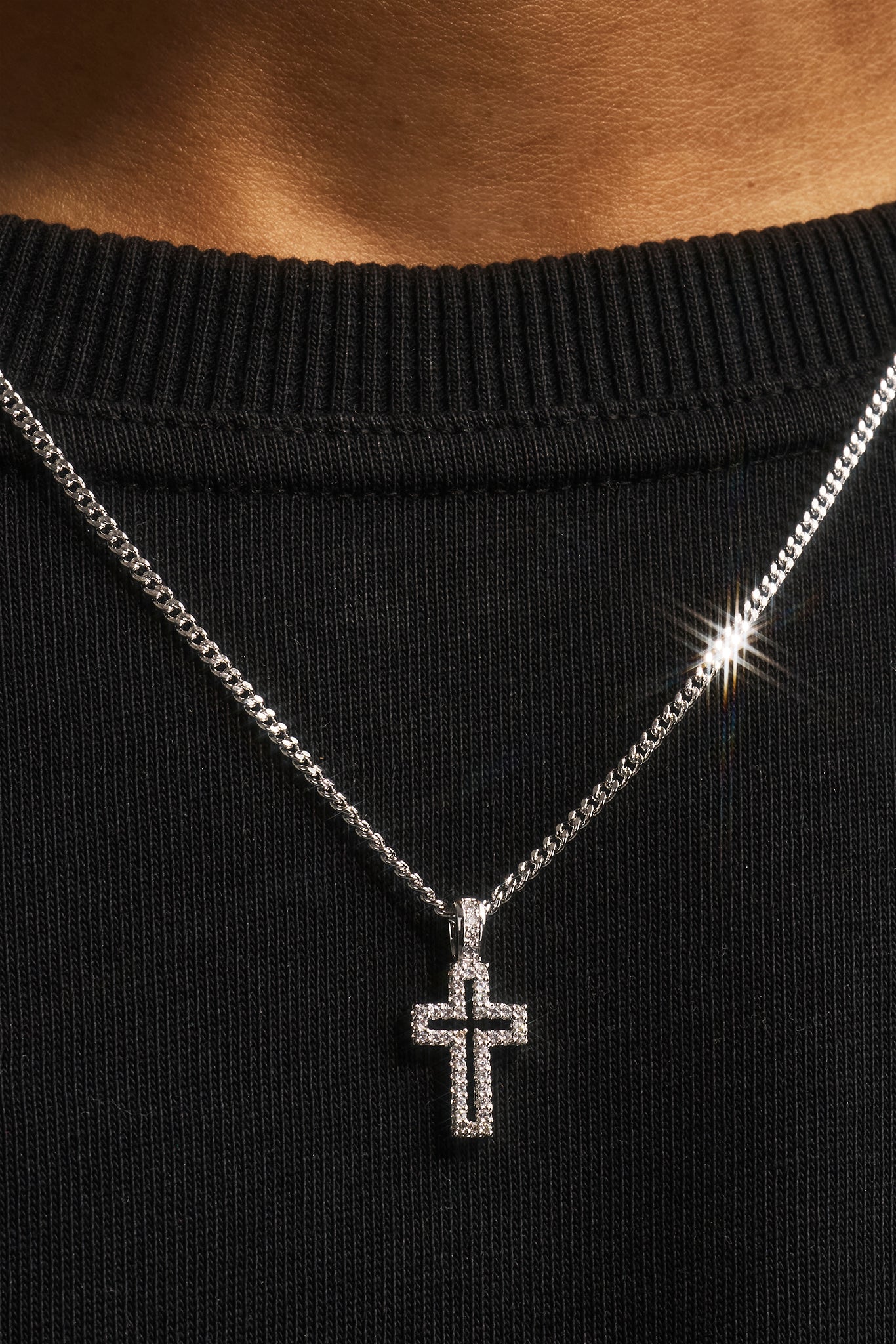 Micro Iced Outline Cross Necklace - 15mm - White